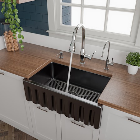 Alfi Brand 30" Black Gloss Reversible Smooth / Fluted Sgl Bowl Fireclay Farm Sink AB3018HS-BG